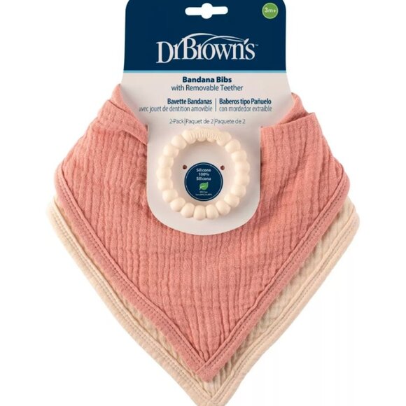 Dr. Brown's Muslin Bandana Bibs Flexees Silicone Beaded Teether Ring 2 pk Coral - Picture 1 of 4